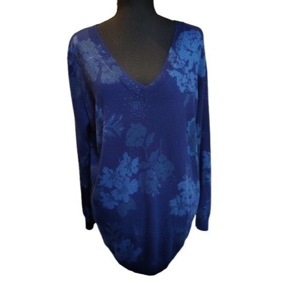 Daniel Rainn Blue Floral V-Neck Cashmere Blend Sweater Size X-Large (DX70152SV1)